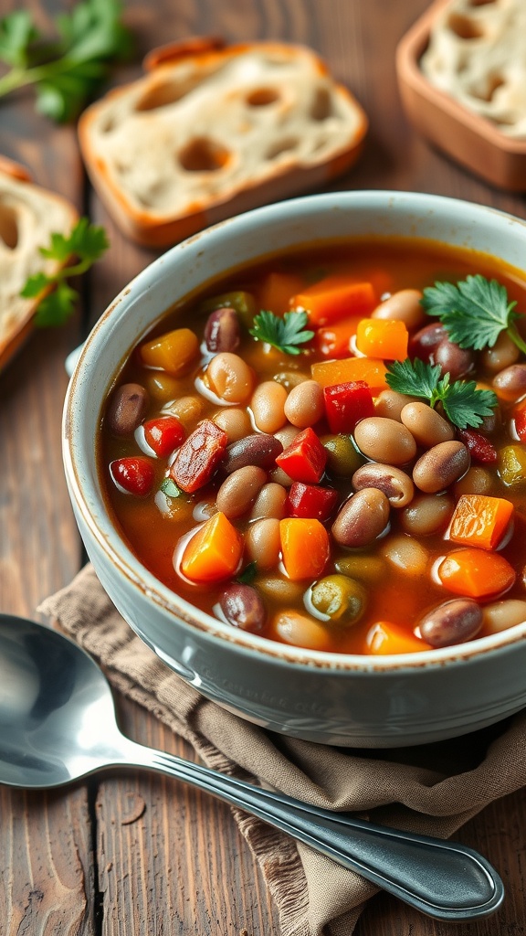 A hearty bowl of 9 bean soup with various beans and vegetables, garnished with parsley, on a rustic table with bread.